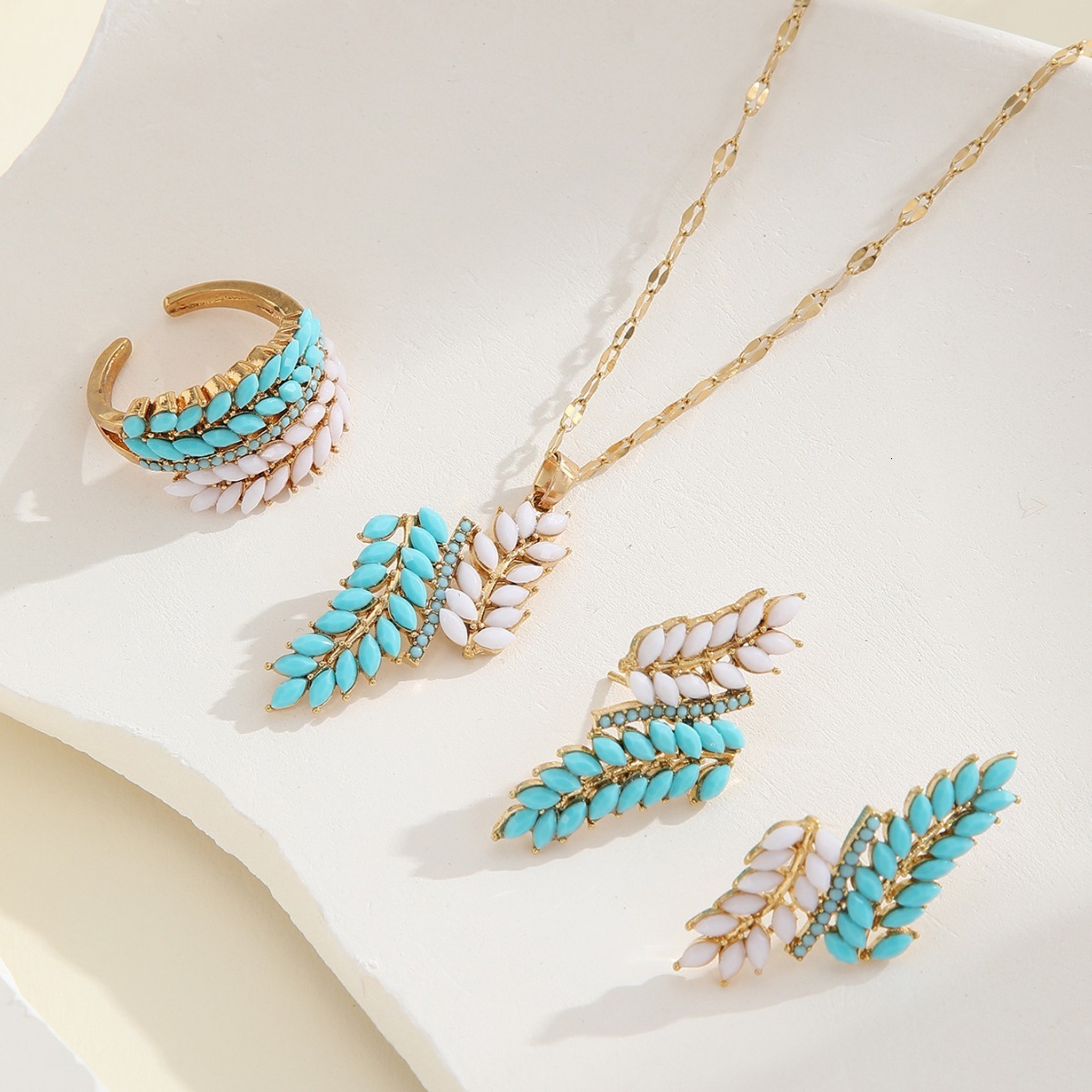 Fashion Commuter Necklace And Earring Set Wheat Spike Resin Design Index Finger Ring Jewelry