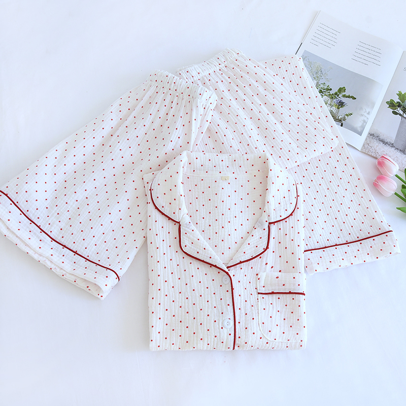 Summer pure cotton small round dot crepe fabric three piece set shorts, breathable and sweat absorbing pants, lapel and age reducing pajamas set