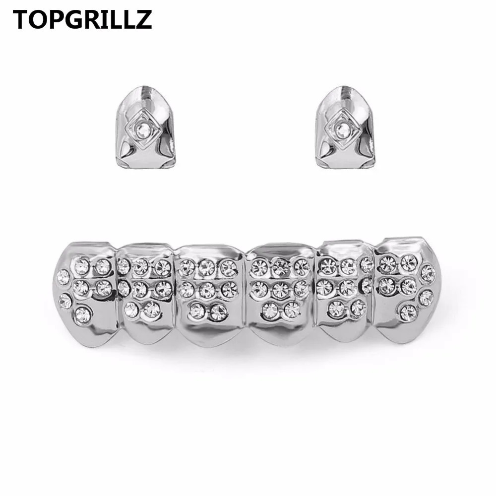 TOP Light Yellow Gold Color Plated 2 Single Top Teeth Cap Tooth Grills Two Lines Bottom Hip Hop Grill For Gift 250606