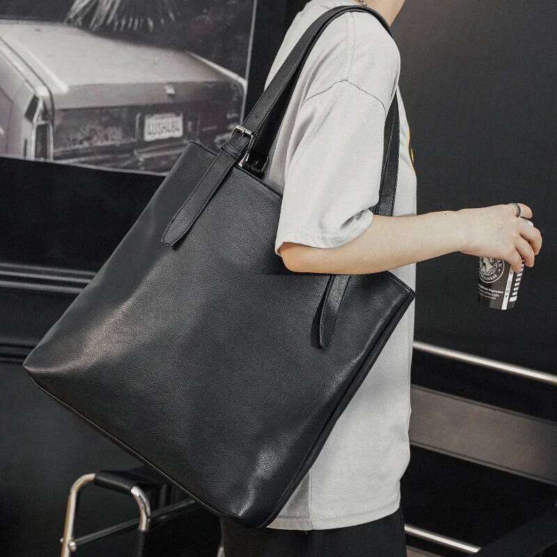 Soft Leather Tote Bag For Men's Japanese Korea Style Business Casual Street Handbag Male Large Capacity Zipper Laptop Bags