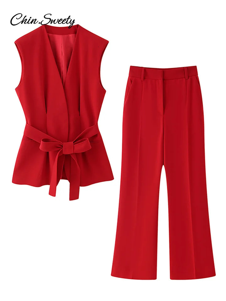 Elegant Pant 2 Piece Set Women Sleeveless Lace Up VNeck Vest Top Pleat Zip High Waist 2025 Summer Loose Lady Commute Outfits 250616