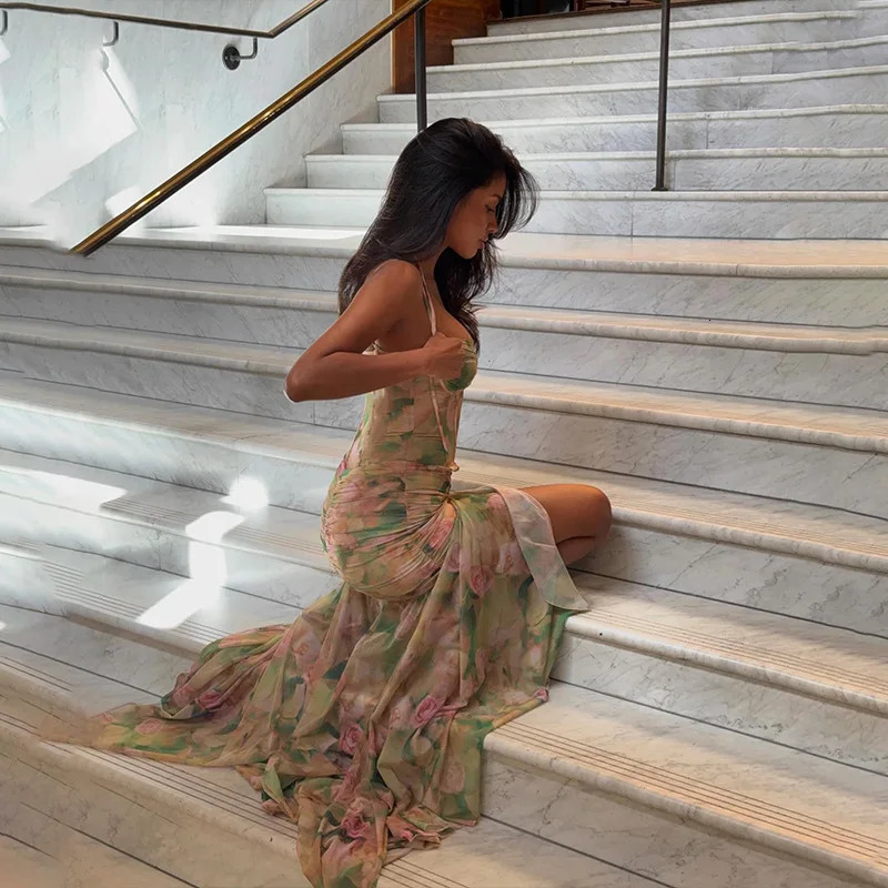 Cryptographic Elegant Floral Print Sheer Dress for Women Birthday Club Party Outfits Ruched Sexy Split Long Dresses Coquette 250616