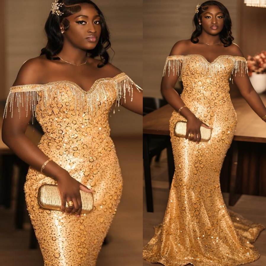Gold Mermaid Prom Dresses 2025 Tassels Sequined Lace Sparkly Evening Formal Party Second Birthday Engagement Gowns Plus Size Dress For Special Occasio