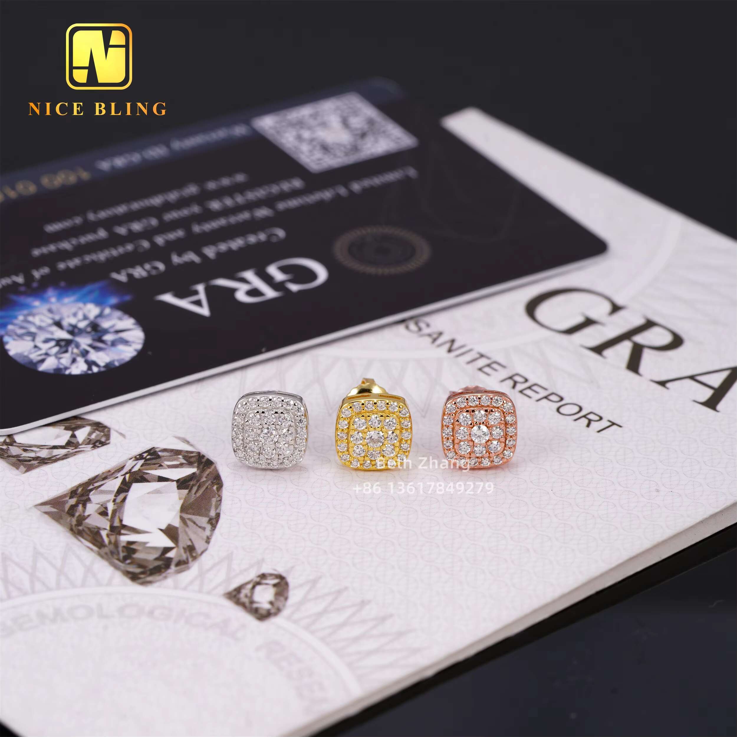 Cluster Earrings Square Shape Ear Studs 925 Sterling Silver Jewelry Hip Hop Men Women VVS Moissanite Diamond Ear Studs