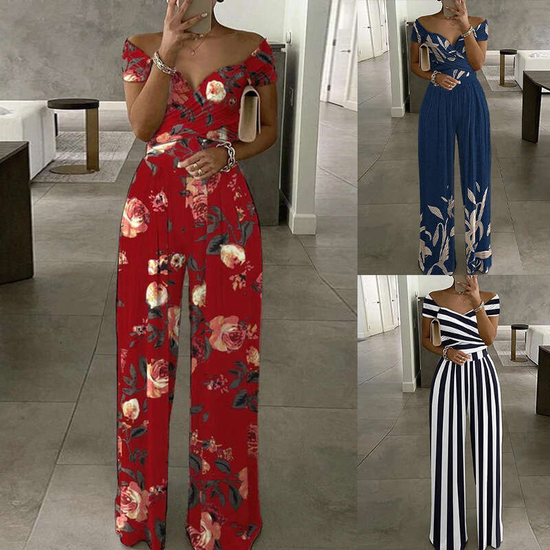 New Commuter Women's Off-Shoulder Printed Long Pants Sexy High-Waisted Jumpsuit B5