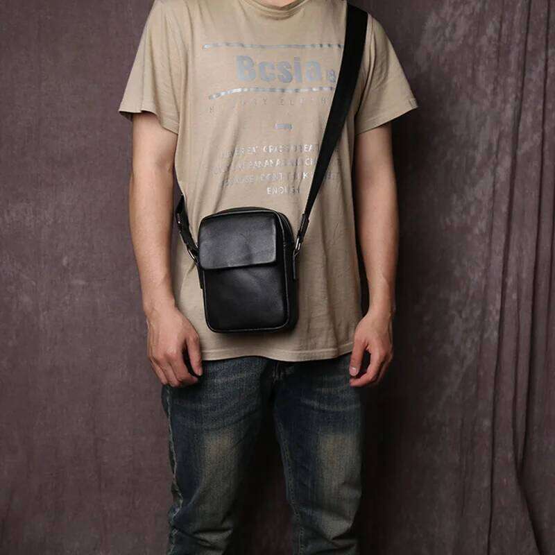 Minimalist Genuine Leather Men's Shoulder Crossbody Fashionable Trend Top Layer Cowhide Zipper Phone Bag
