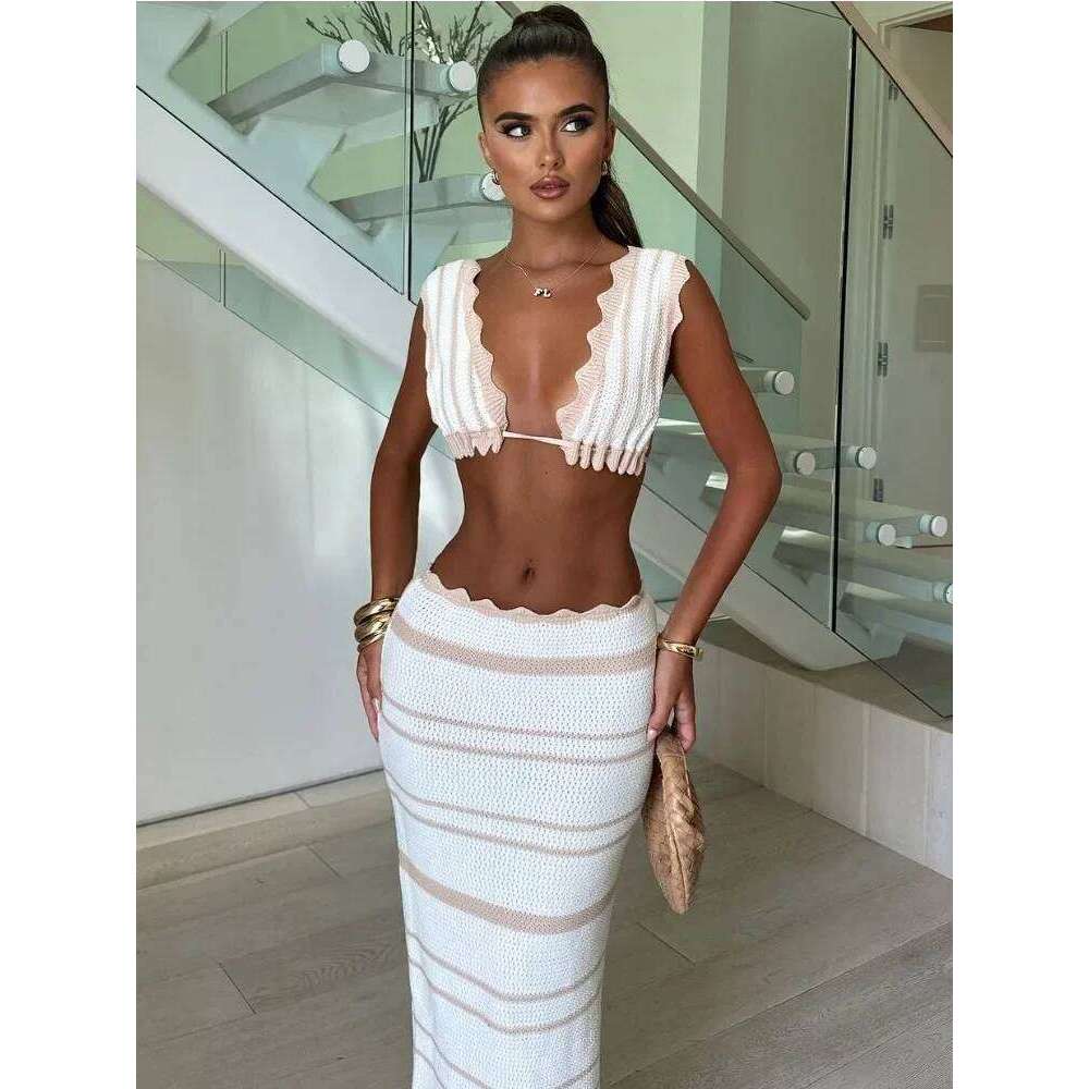 Tossy Knit Striped 2 Piece-Set Long Female Ruffled V-Neck Casual Beach Holiday Contrast Outfits Knitwear Maxi Skirt Sets