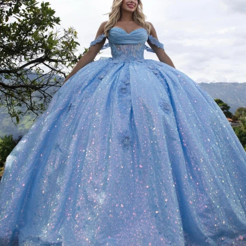 Sparkling Sky Blue Quinceanera Dresses Applique Lace Sequin Beads Tull Birthday Princess Sweet 16 Dress Vestido De 15 Anos