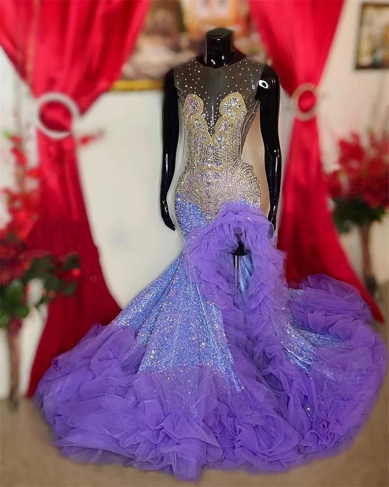 Customized Lavender Prom Dresses Sparkly Crystals Rhinestones Beads Ruffle Sequins For Black Girls Birthday Party Gowns