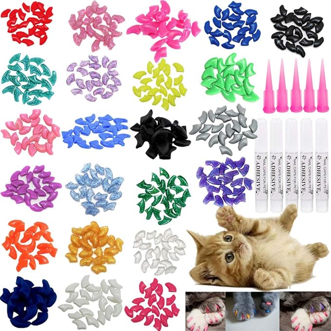 Cat Nail Caps, 20 Colors with Glue and Applicators, Safe for Cat Claw Care, Protect Homes and Furniture, Prevent Scratch Disease, Long-lasting, Skin-f