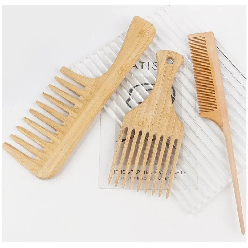 1Pcs Natural Bamboo Wooden Hair Comb Anti-Static Afro Fork Combs For Women Round Wide Tooth Wood Comb Hair Brush women 250625