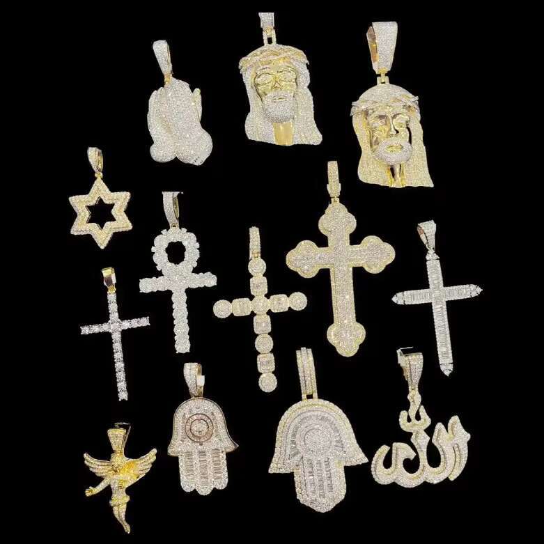 AAA GEMS Hip Hop Jewelry Large Men 925 Sterling Silver VVS Moissanite Diamond Gold Jesus Crucifixion Cross Pendant