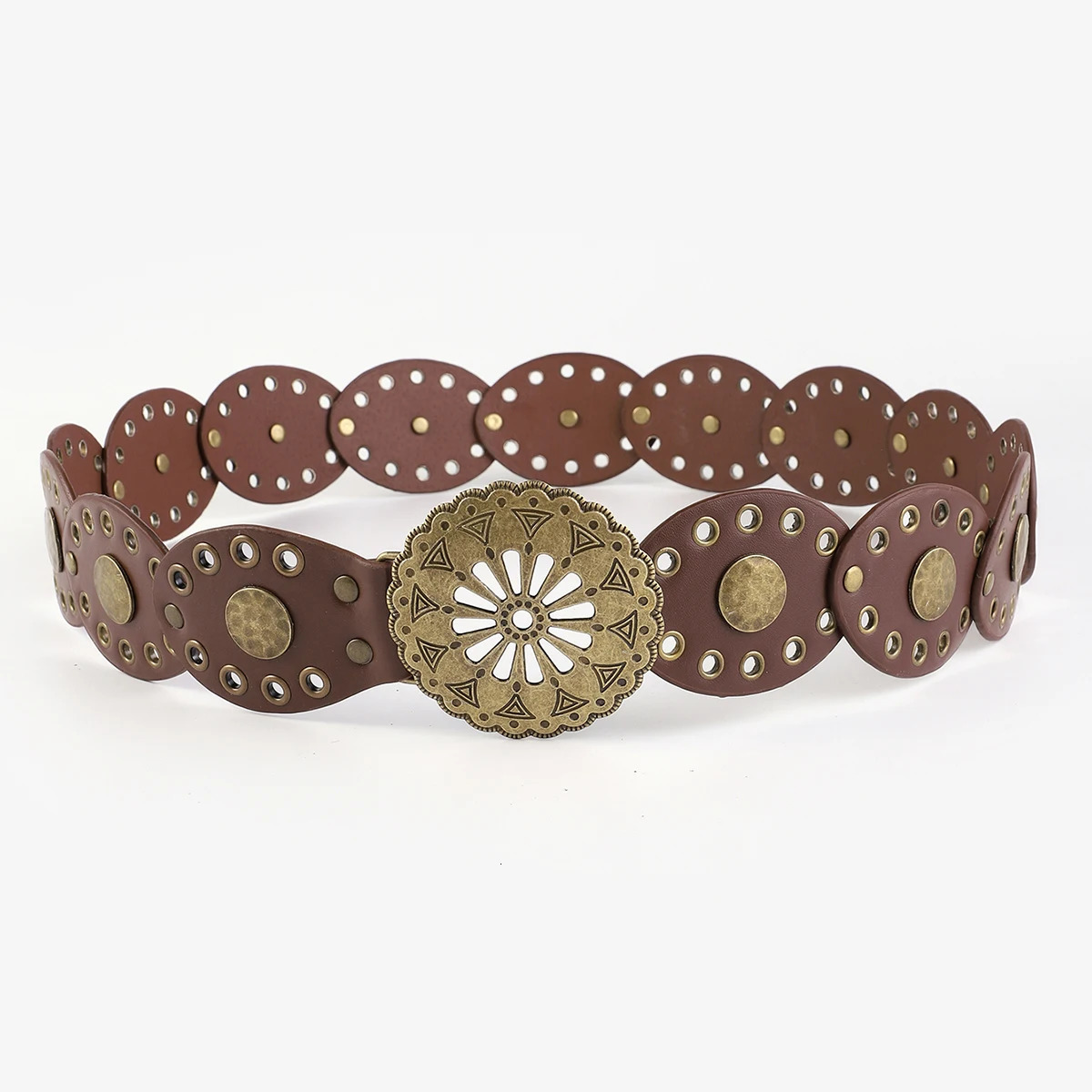 retro western cowboy belt personality round hollow metal wide belt for women 250618