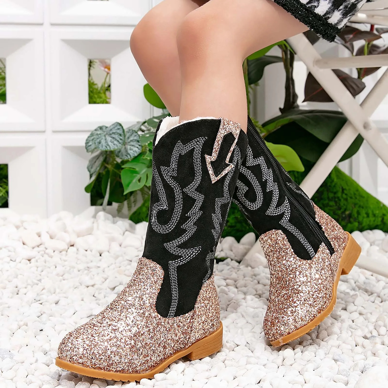 Toddler Snow Gear Girls Boots Mid Calf Round Toe Glitter Toddler Western Cowboy Boot Little Kid Big Kid Riding Girls Boot Size 4 250624