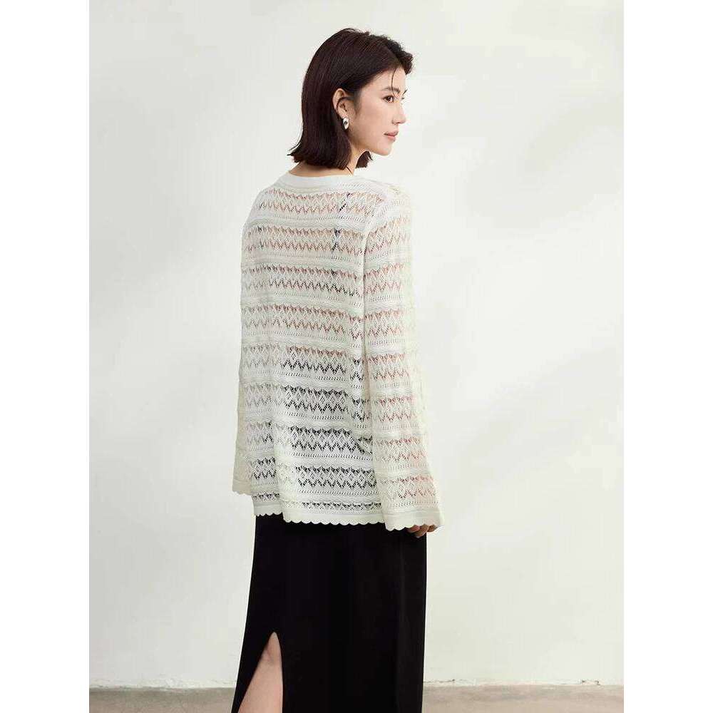 Beige Hollow Out Big Size Knitting Sweater Round Neck Long Sleeve Women Pullovers New Fashion 2025