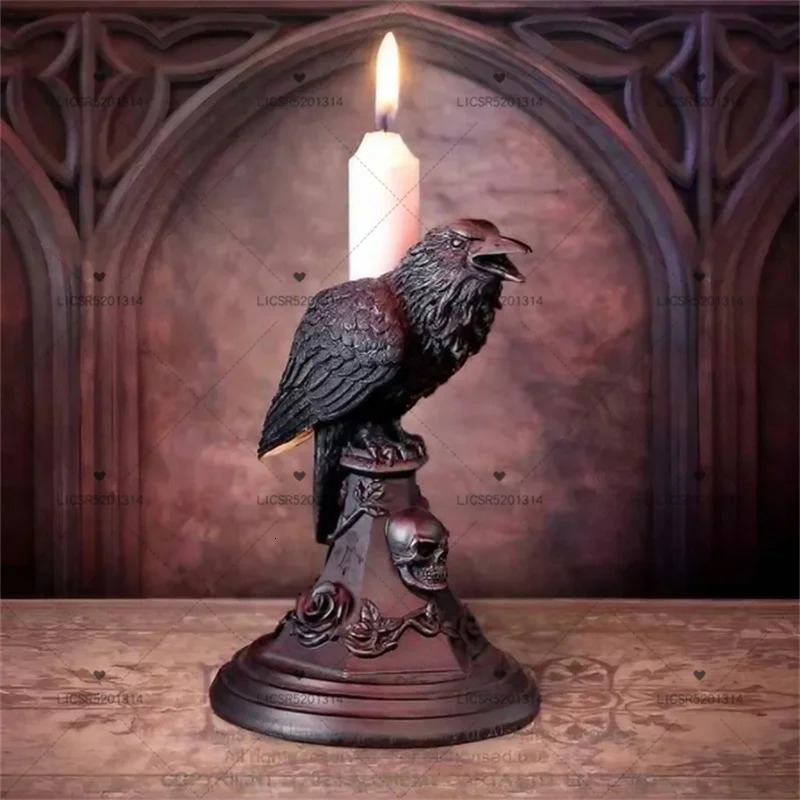 Creative Retro Gothic Black Crow Candle Holder Halloween Statue Owl Bat Cat Shape Resin Sculpture Craft Ornament Home Decoration 250625