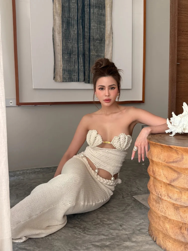 Crochet Knitted Pearl Bra Skirt Women Suit Backless Hollow Out Short Top Twists Long 2025 Summer Beach Holiday Female Set 250616