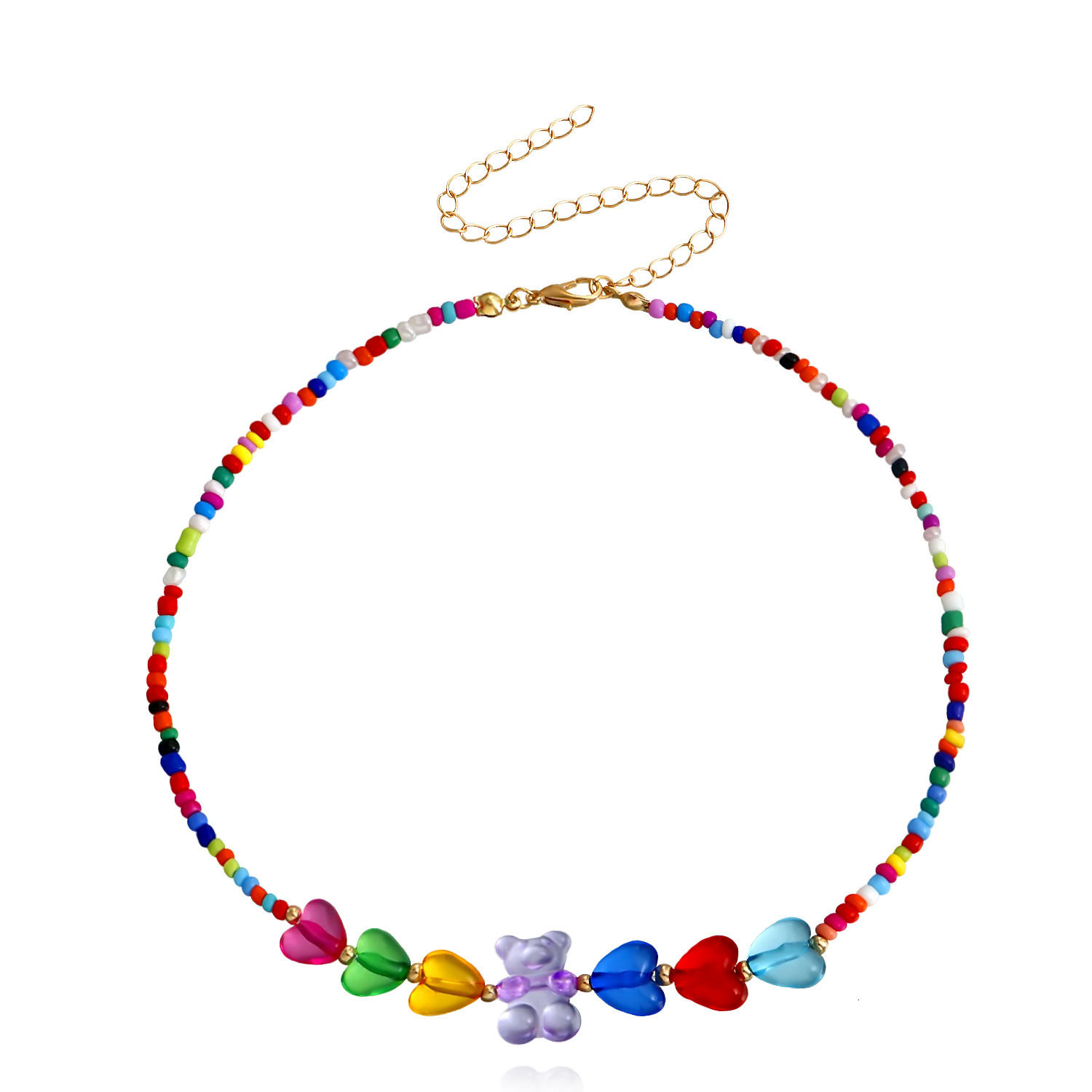 Accessories Bohemian Mixed Color Seed Beads Rainbow Heart Bear Necklace Bracelet Set Cartoon Women Jewelry for Women