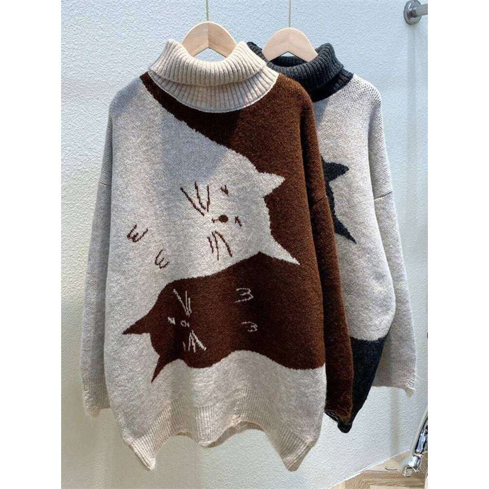 Women's Oversized Sweater Knitted Autumn Winter Turtleneck Cute Cat Print Knit Pullover Warm Sweaters for Women C-062