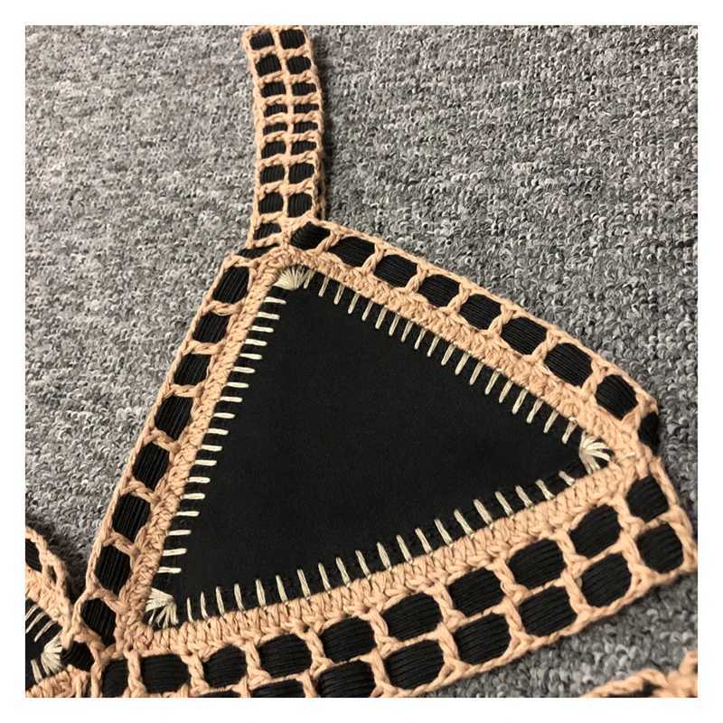Women Sexy Black Swimwear with Elastic Swimsuit Handmade Crochet Navy Blue Bikini Sets XJ250624