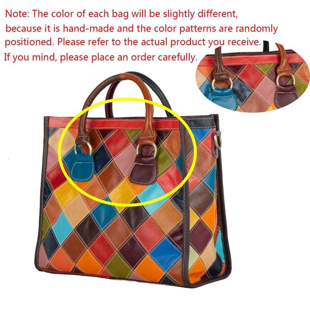 Genuine Oil Wax Leather Cowhide Plaid Splicing Color Random Contrasting Casual Personality Handbag Tote Women's Bag