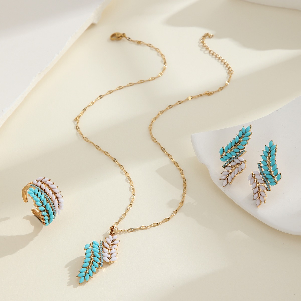 Fashion Commuter Necklace And Earring Set Wheat Spike Resin Design Index Finger Ring Jewelry