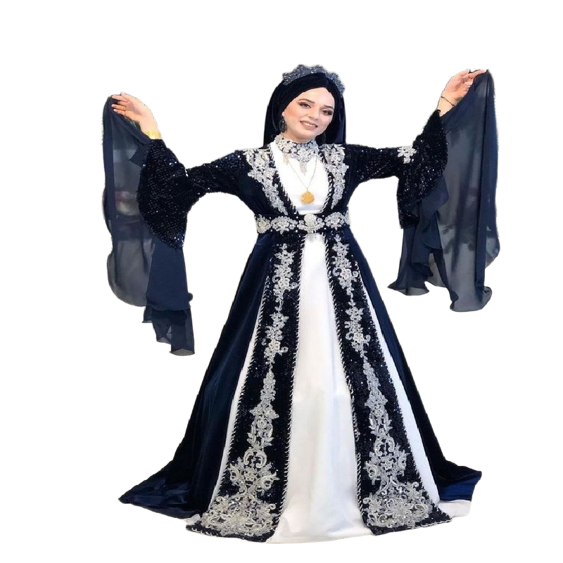Luxury Saudi Abaya Moroccan Evening Dress Navy Flare Long Sleeve Lace Muslim Islamic Prom Dress 2025 Ottoman Turkish Abaya Formal Robe De Mariage