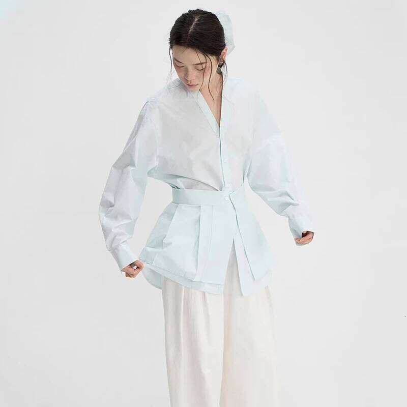 DEAT Fashion Removable Waist Seal Shirt Women's Lapel Loose Single Braested Long Sleeve Gray Blouse New Tide 7Ab8174