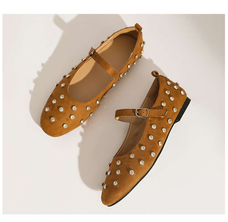 Mary Jane for Women 2024 Spring Summer New Square Toe Studded Rhinestone Flat Strap Genuine Leather Ballet Shoes