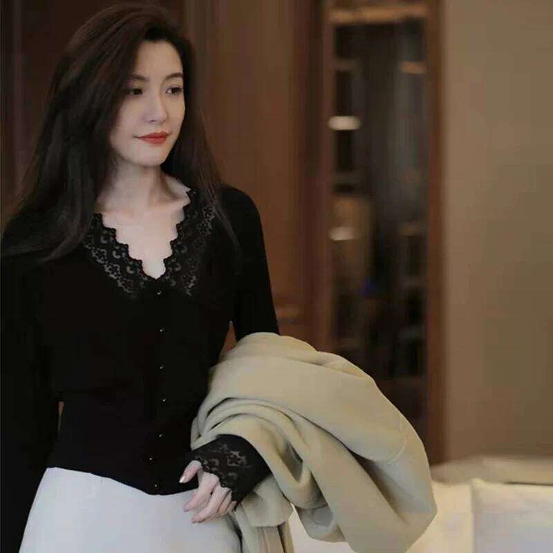 Lace Sweaters for Women Fashion Korean Women's Sweater 2024 Trend Long Sleeve Jumper Knitted Haruku Clothes Crochet Tops Black