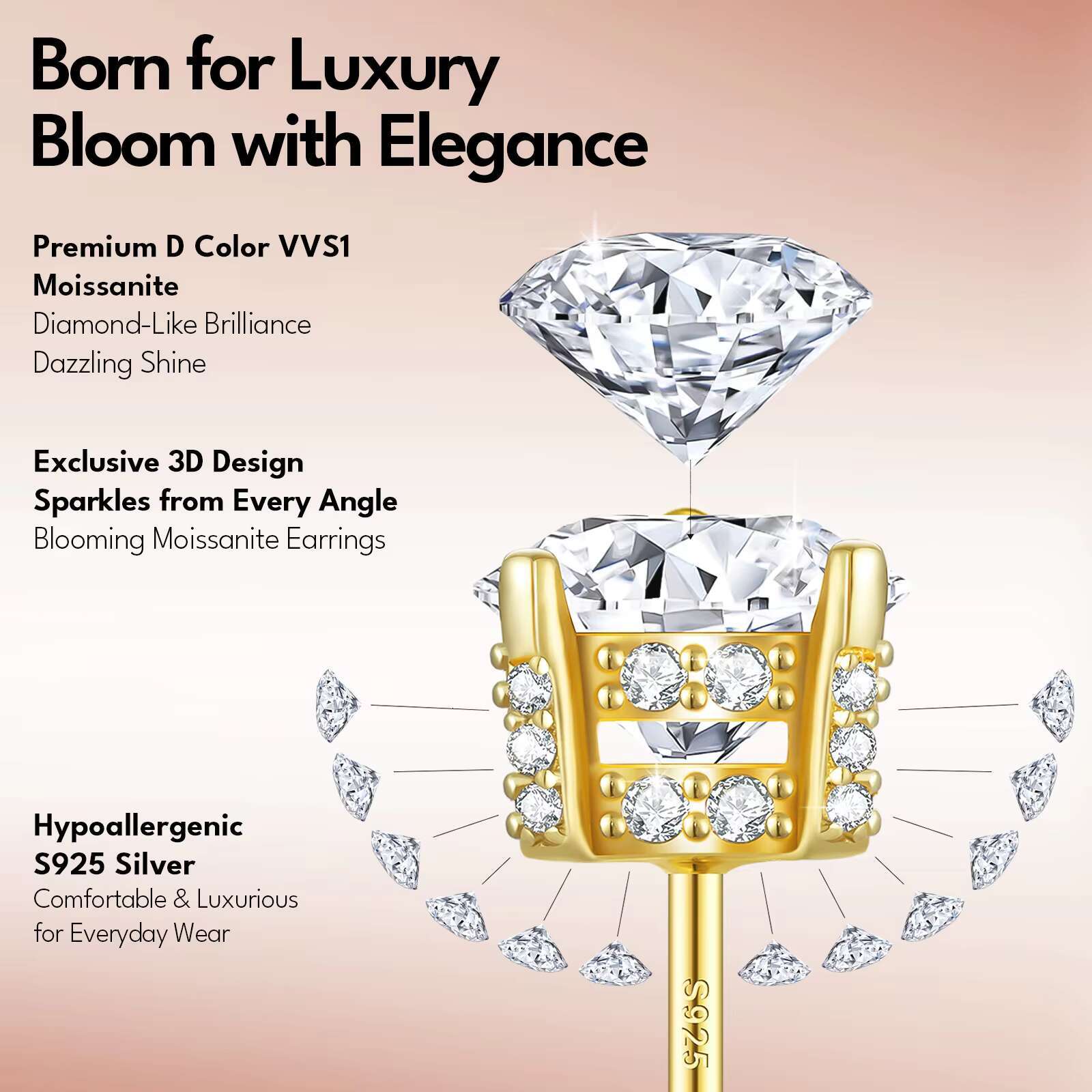 Mothers Day Gift Moissanite Studs 925 Sterling Silver 14K Gold Plated Women 2 Carat VVS GRA Lab Diamond Hypoallergenic Earring
