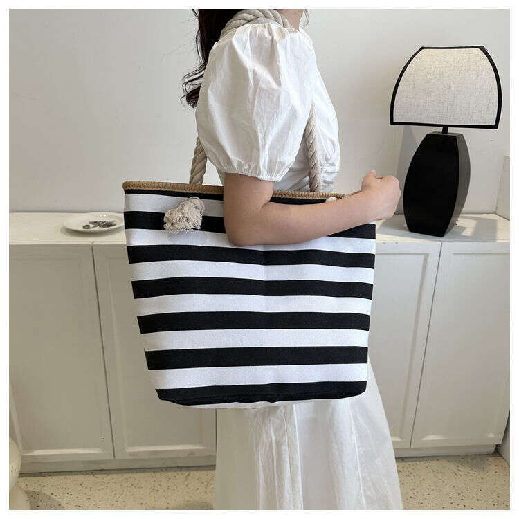 2025 Summer Canvas Tote Striped Mori Girl Style Shopping Eco-friendly Beach Bag