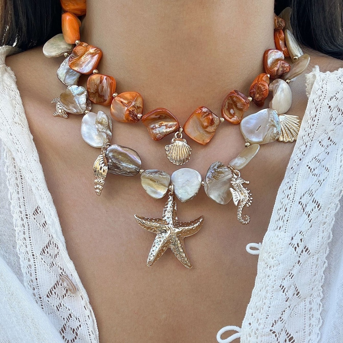 Ins Ocean Style Shell Piece Starfish Elegant Vacation Irregular Necklace Jewelry