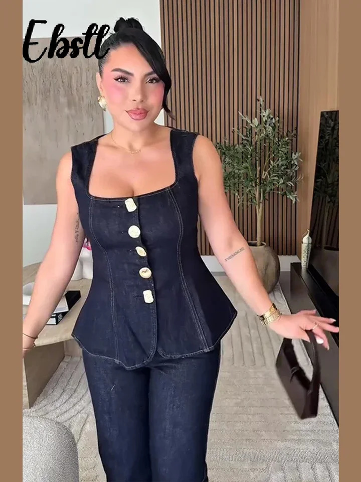 Denim Square Collar Vest Jeans Set Womens Slim Single Breasted Sleeveless Tank Top High Waist Pants 2025 Lady Street Outfit 250616
