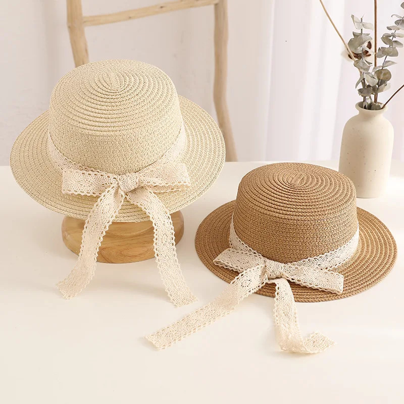 Cute Bow Lace Girls Straw Hat Spring Summer Breathable Sunshade Kids Sun Hat Outdoor Travel UV Protection Children Panama Cap 250624