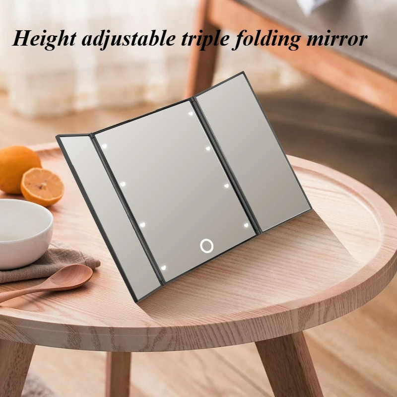 Triple Told Folding Makeup Mirror LED Lampstand Vanity Mirror Supports Dry Battery Charging Square Adjustable Angles Mirror 250625