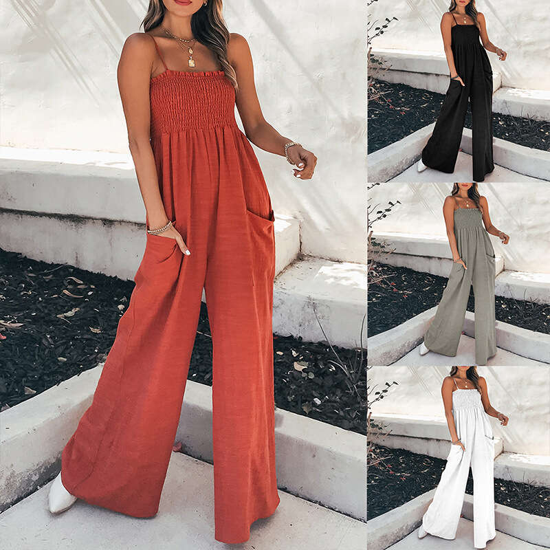 Women's Fashion Spring New Solid Color Ruched Strapless Simple Slimming High Waist Camisole Jumpsuit B5
