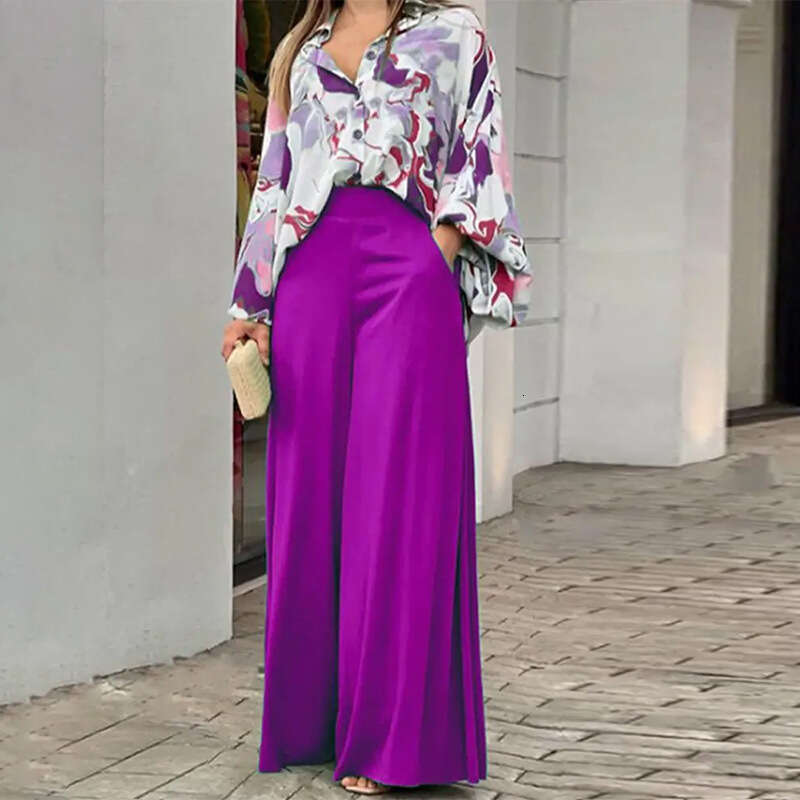 Women Clothing Spring Suit Loose Elegant Casual Print Shirt Blouse Wide Leg Pants Fashion Sets Female B5