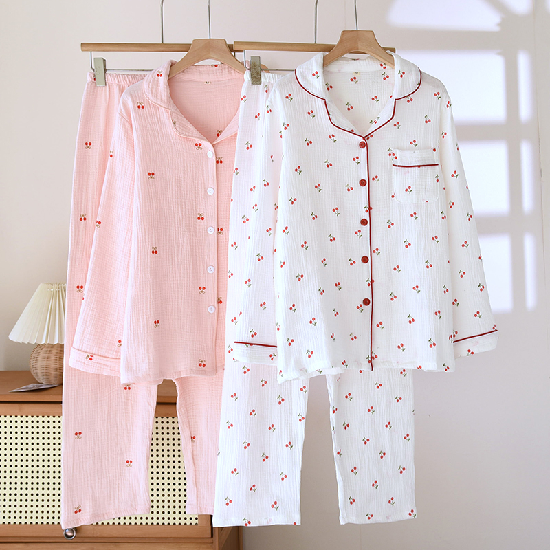 Factory direct sales of new spring and autumn styles of cherry bubble cotton pajamas for women, long sleeved pants, lapel cute home clothing sets