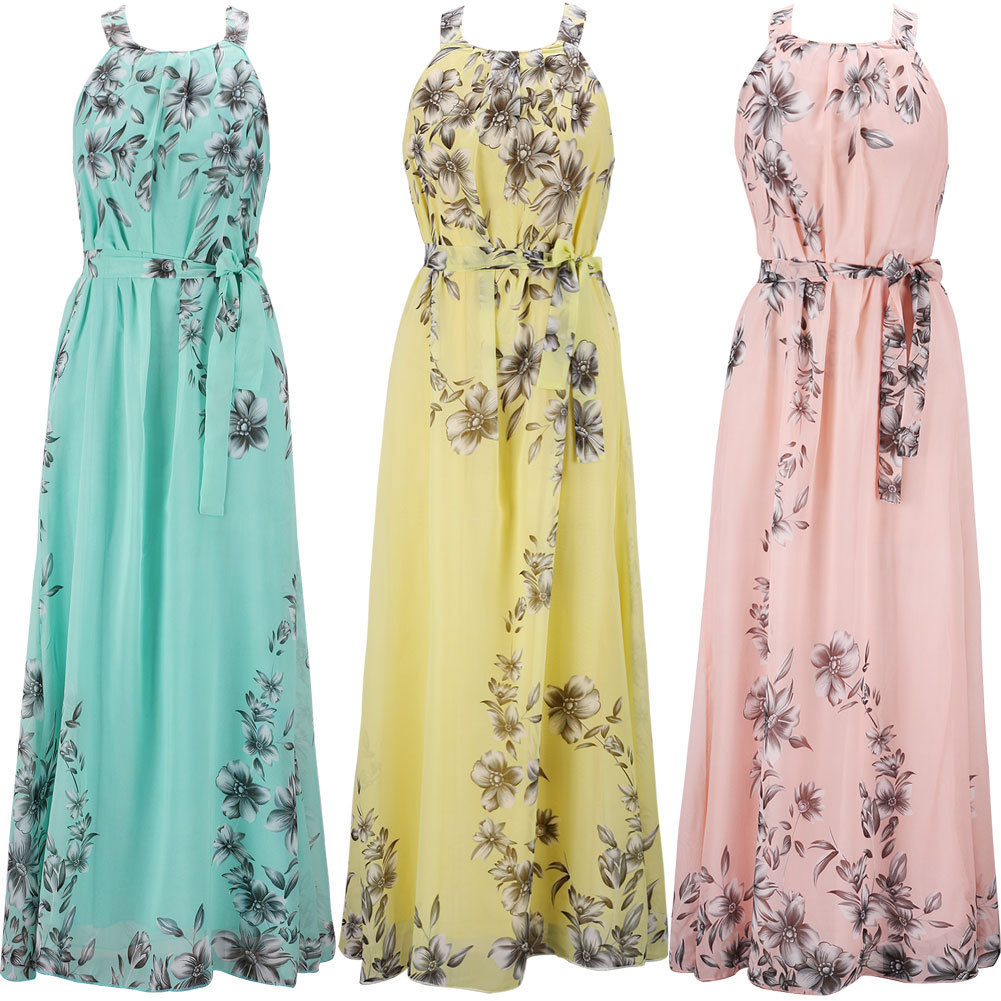 F625Women's Bohemian Printed Chiffon Dress Beach Long Dress