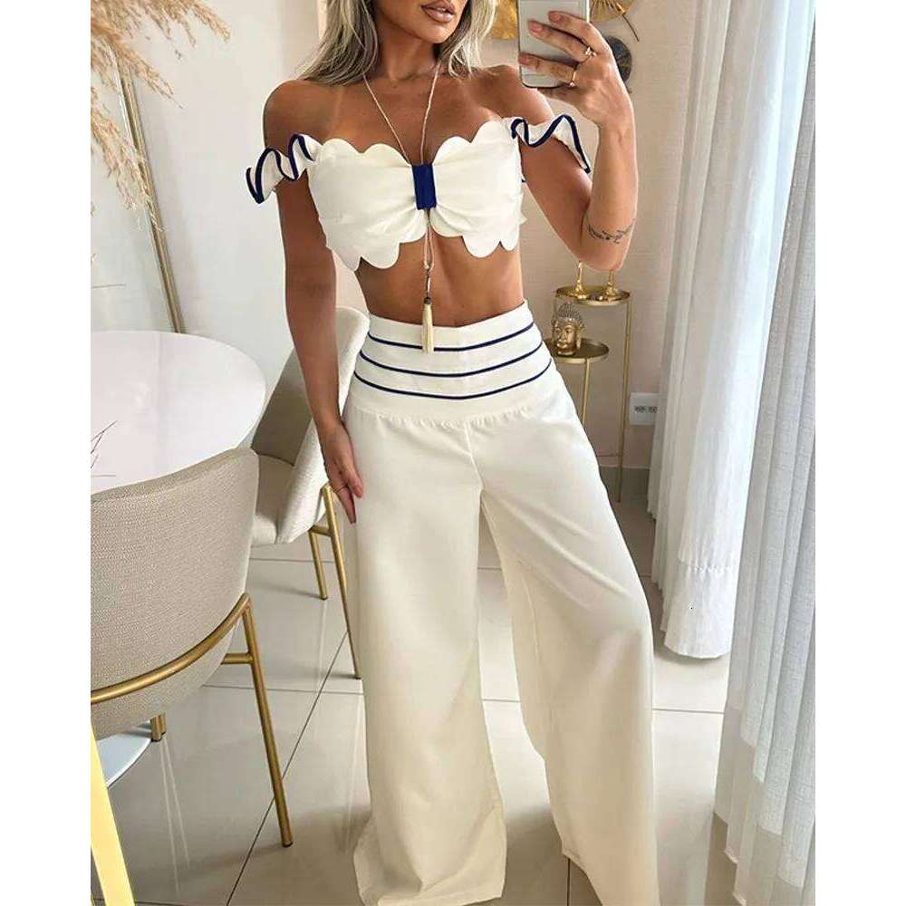 Summer Women Sets Elegant Scallop Trim Off Shoulder Top and Striped Wide Leg Pants Set Office Lady Clothing
