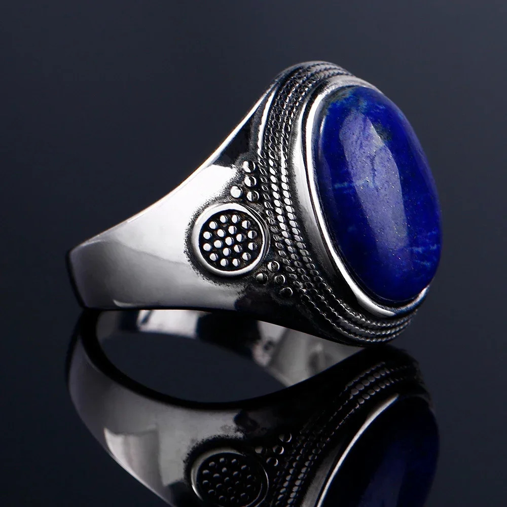 Silver S925 Ring Natural Big Oval Lapis Rings for Men Women Retro Fine Jewelry Party Anniversary Gift 250624