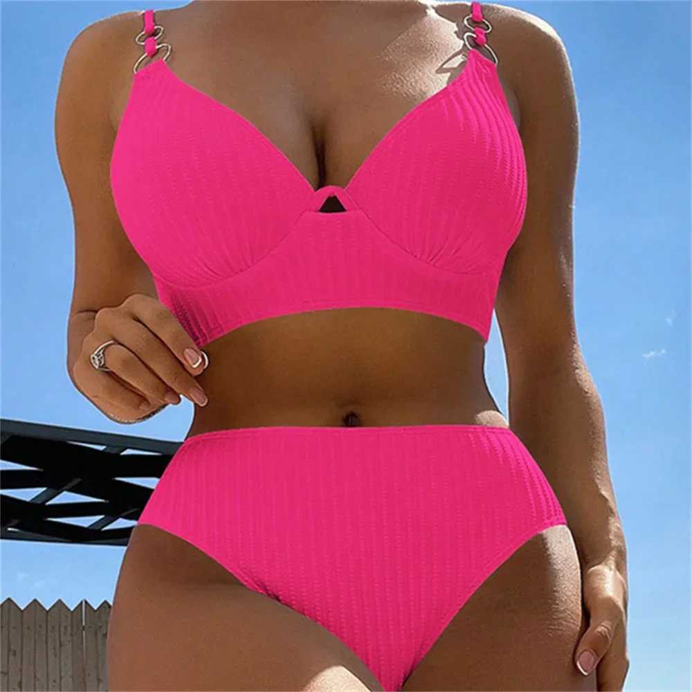 Sexy White Bikini Sling Rings Push Up Swimsuit High Waisted Vacation Swimwear Ribbed Beach Bathing Suit Women 2 Piece Set OutfitXJ250624