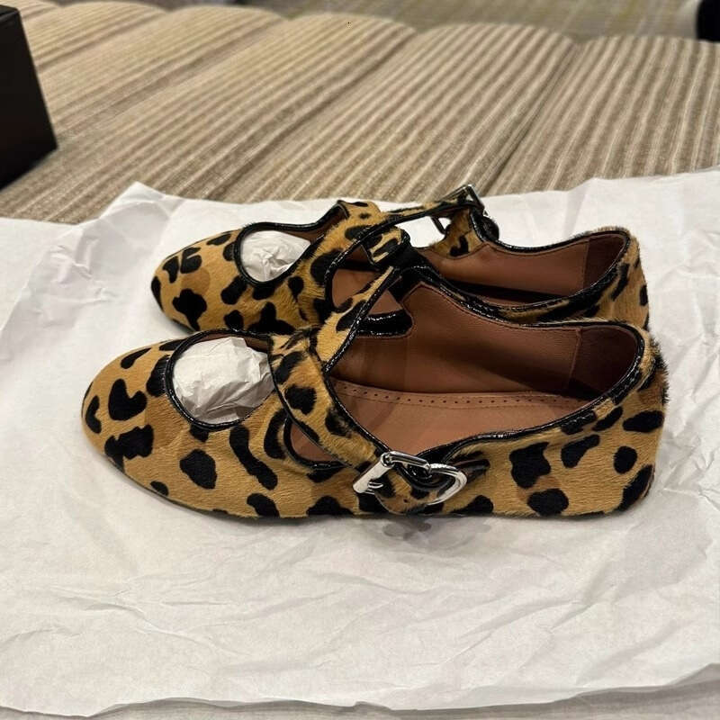 Sheepskin Version ~ Korean Style Round Toe Leopard Print Cross Mary Jane for Women Genuine Flat Single Versatile Lazy Little Leather Shoes