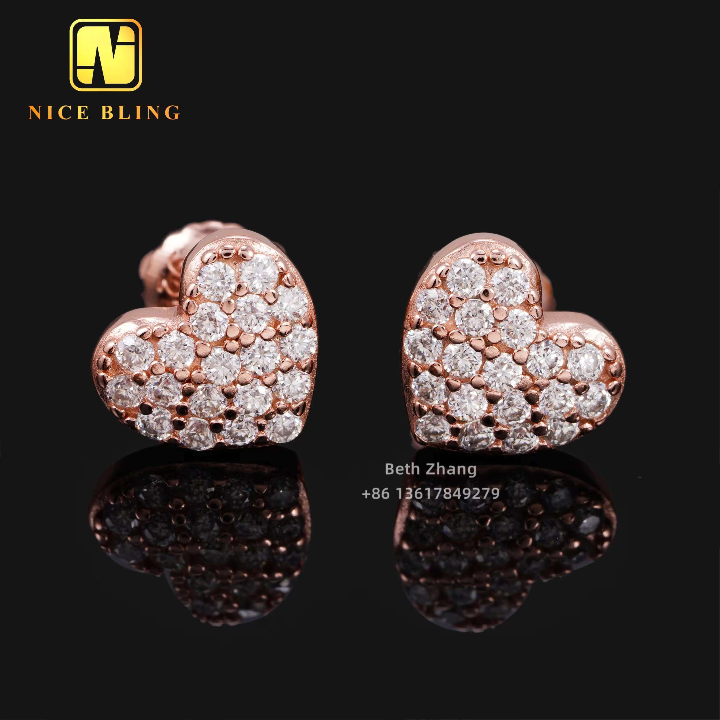 Iced Out Jewelry VVS Moissanite Diamond Earrings Hip Hop Heart Shape Ear Studs for Men Women