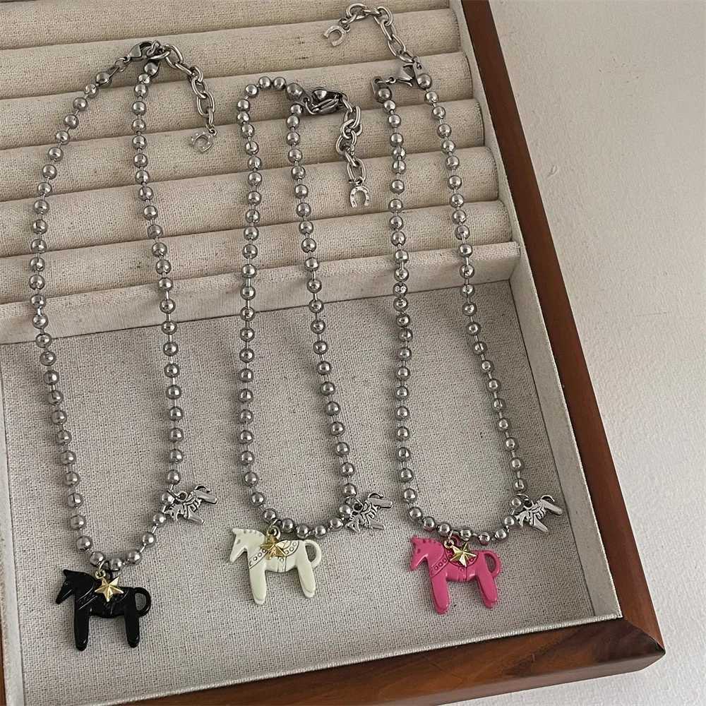 LATS White Black Green Blue Pink Color Enamel Colt Horse Pendant Necklaces for Women Silver Plated Alloy Beads Chain Chokers V250625