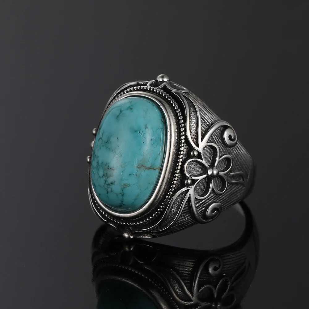 Vintage S925 Silver Ring Natural Turquoise Rings Jewelry Party Anniversary Birthday Gift for Women Man 250624