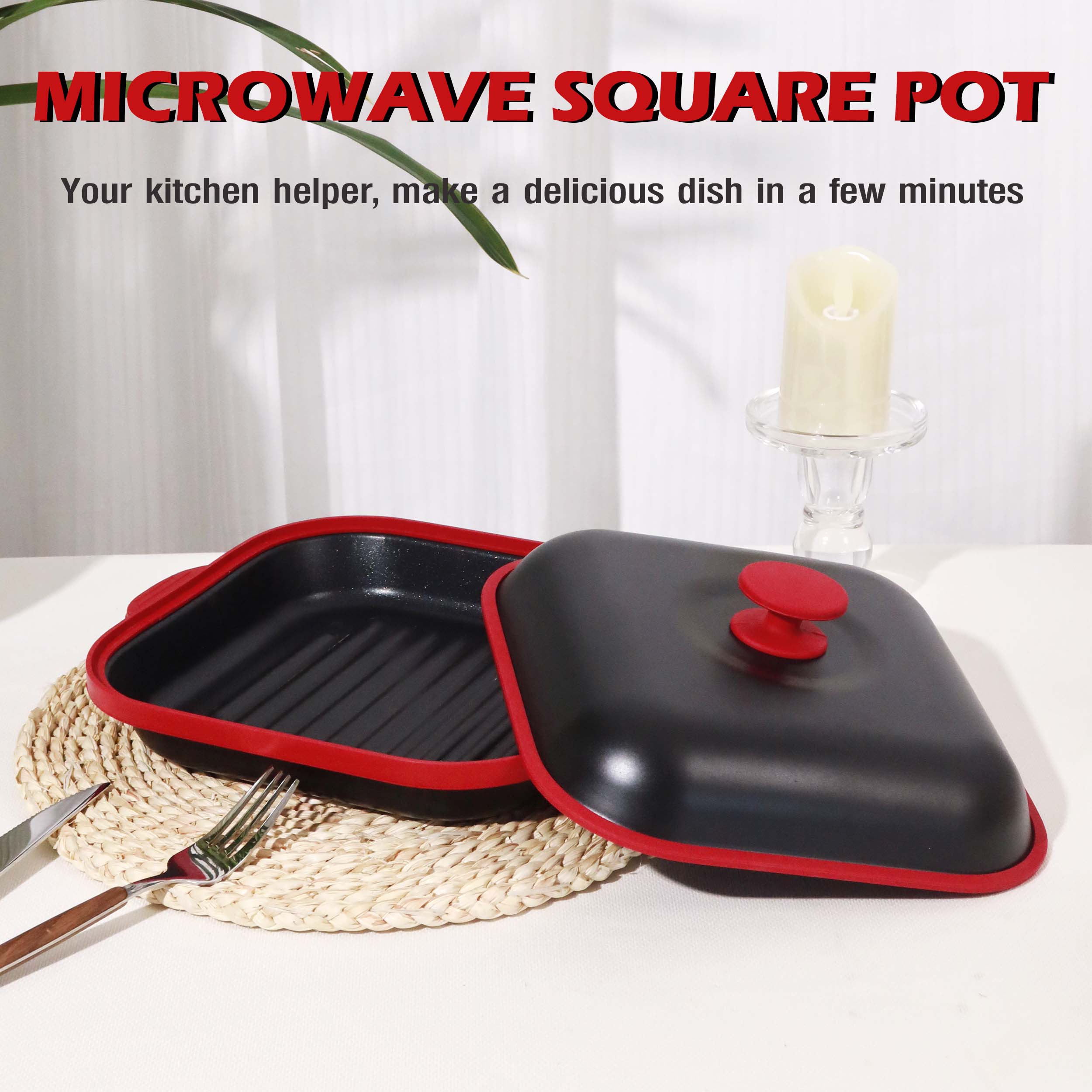 Microwave Grill Pan with Lid Microwave Burner and Crisper Multi-Purpose Microwave Cookware Square Pots for Grilling, Frying, Browning