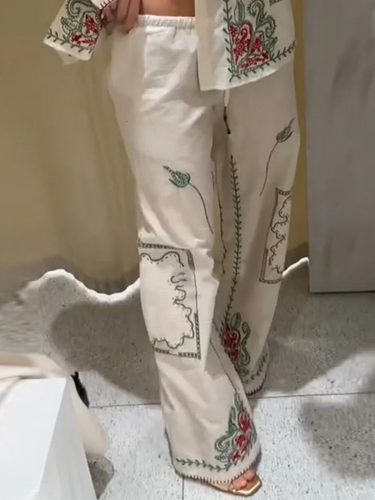 Casual Embroidered Shirt Pant Set Women Loose Lapel Single Breasted Top Elastic Waist Straight Trousers 2025 Summer Lady Outfits 250616