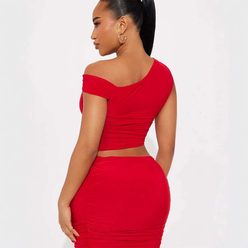 Summer New Women's Fashion Personality Sexy Hot Girl Slim Fit Asymmetric Shoulder Top Bodycon Short Skirt Set B5